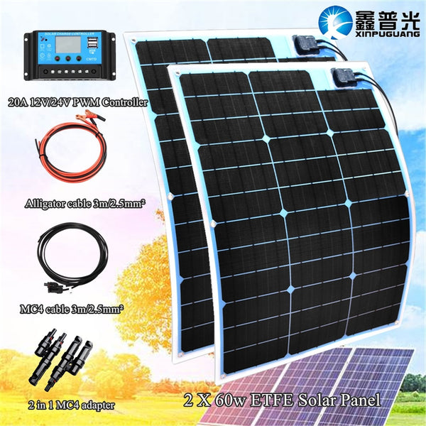 2 x 60w ETFE Flexible Solar Panel Module with 12v/24v Controller for Car RV Boat  Marine Home 12V Solar Power Charger battery - PanasiaMarine.Com