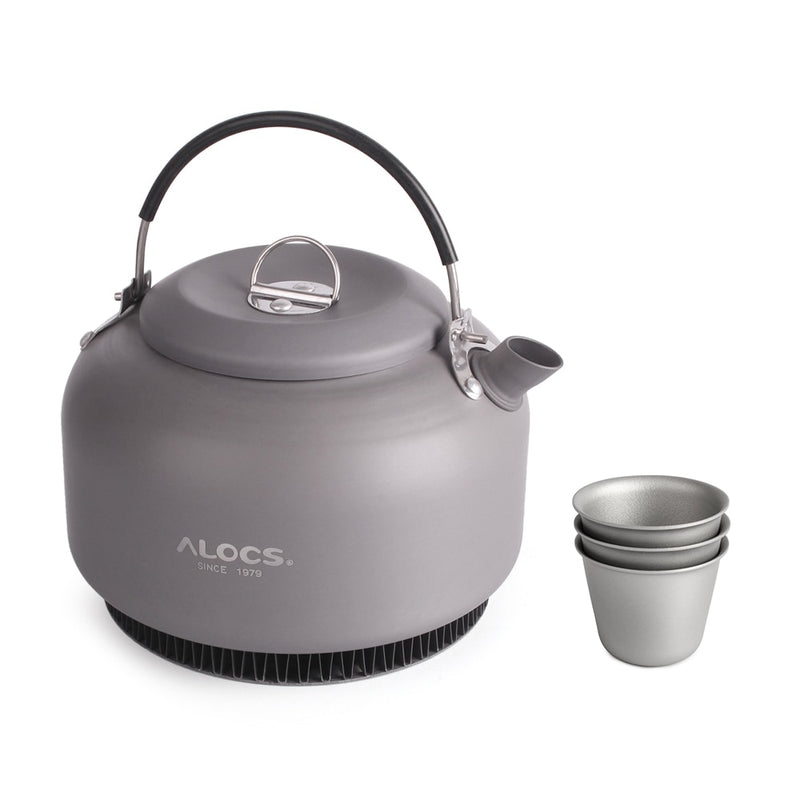 1.4L Alloy Kettle Camping Water Teapot Outdoor Coffee Pot Portable Cookware with Mesh Bag and 3 Titanium Cups - PanasiaMarine.Com