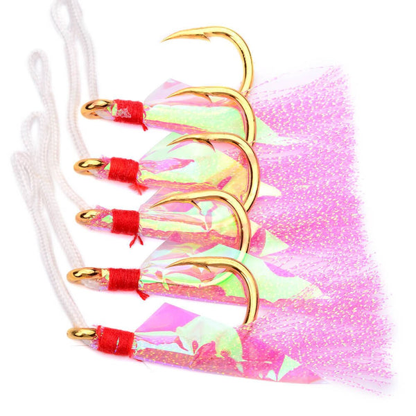 5pcs/set Stainless Steel Barbed Assist Feather Hooks Jigging Hook with Flasher Fish Skin Sea Ice Ocean Boat All Fishing Position - PanasiaMarine.Com