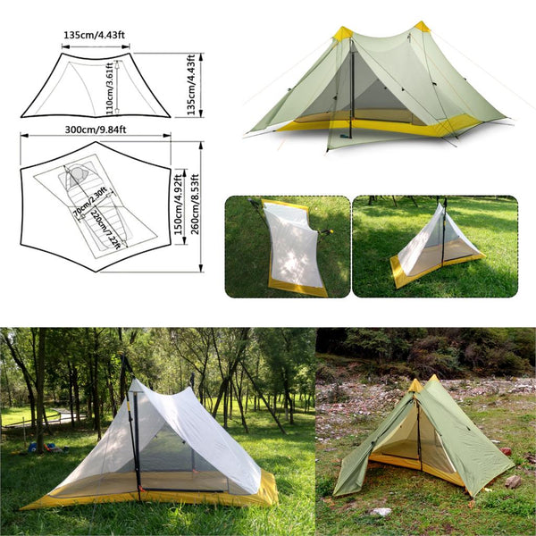 1080g Ultralight Camping Tent 2 Person 20D Nylon Both Side Silicone Coated Rodless Pyramid Flysheet & 3 Season Single Inner Tent - PanasiaMarine.Com
