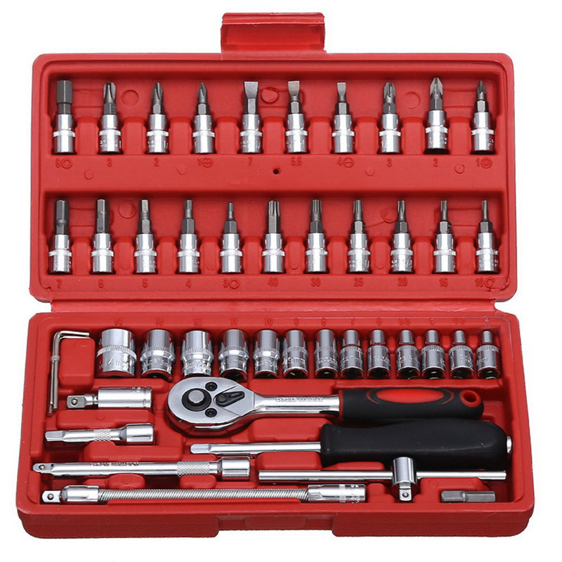 46pcs/set Car Repair Tools Socket Set 1/4'' Drive Ratchet Wrench Spanner Screwdrive Hex Kits Household Combination Hand Tool Set - PanasiaMarine.Com