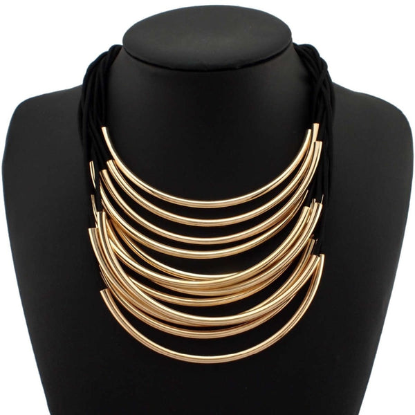 MANILAI Multi Layers Statement Necklaces For Women Maxi Choker Fashion Jewelry Rubber Band Bright Metal Pipe Pendants Necklaces - PanasiaMarine.Com
