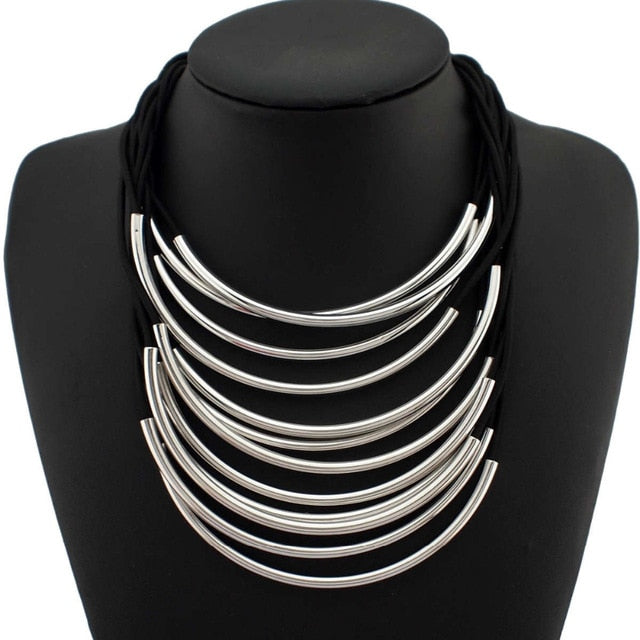 MANILAI Multi Layers Statement Necklaces For Women Maxi Choker Fashion Jewelry Rubber Band Bright Metal Pipe Pendants Necklaces - PanasiaMarine.Com